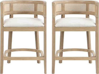Set of 2 Upholstered Arm Counter Stools with Solid Rubberwood Frame & Natural Rattan Caned Back,Soft Padded Seating,Transitional Farmhouse Chairs for Kitchen Island Dining Room,25.5" H Natural Ash