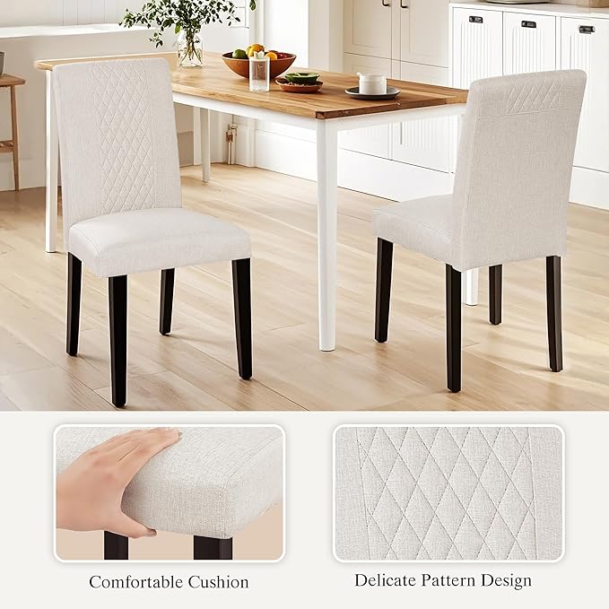 VECELO Dining Chairs Set of 2, Upholstered Fabric Wood Legs High Back for Kitchen Living Room, Beige