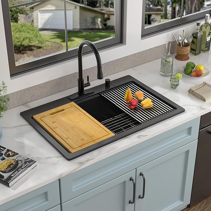 33 Granite Composite Kitchen Sink - Fulorni 33"x22" Granite Kitchen Sink Drop In Topmount Ledge Workstation ‎Matte Black Quartz Classic Above Counter Single Bowl Sink Basin