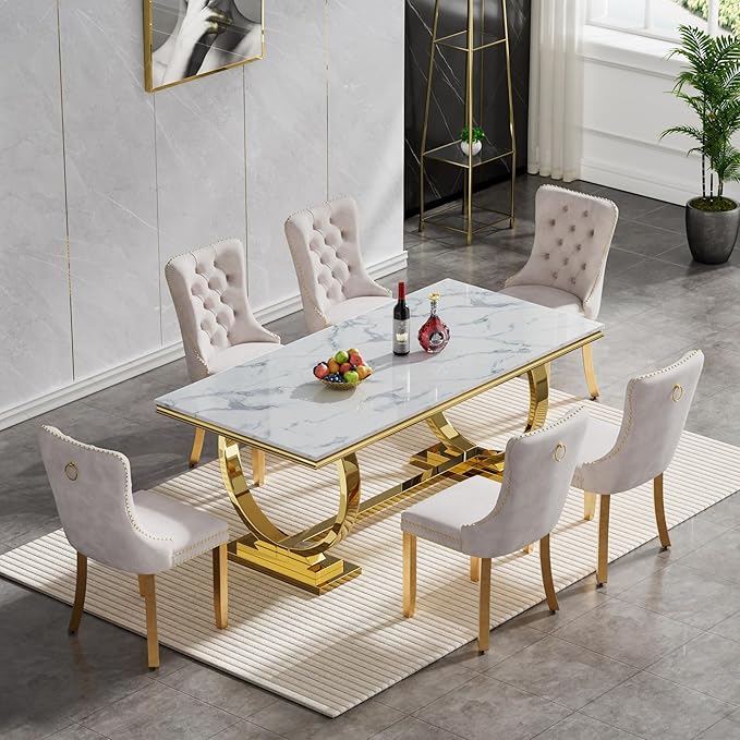 68" White Gold Marble Dining Table, Modern Kitchen Table with 0.79" Faux Marble Tabletop and Mirrored Stainless Steel Frame, Luxurious Rectangular Dining Room Table for Kitchen(No Chairs)