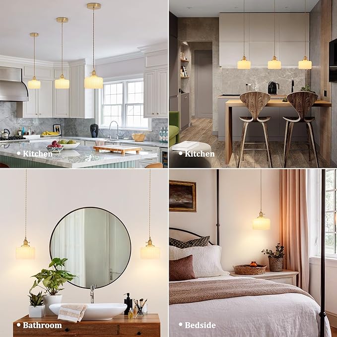 Shenmoyl Pendant Light 2 Pack with White Striped Glass Lmapshade, Brass Vintage Pendant Light Adjustable Hanging Light for Kitchen Island Dining Room Hallway