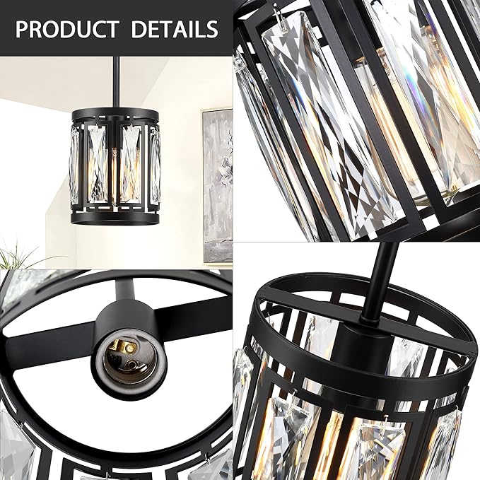 Crystal Pendant Lighting Fixture Matte Black Drum Shade Chandelier,2-Pack Pendant Lights for Kitchen Island Modern Ceiling Lights for Living Room
