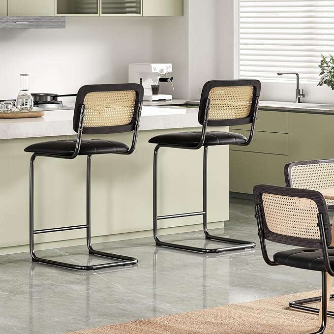 Counter Height Bar Stools Set of 2, Upholstered PU Leather Bar stools with Rattan Back, 26 inch Stools Armless Bar Chairs for Kitchen Island, Black