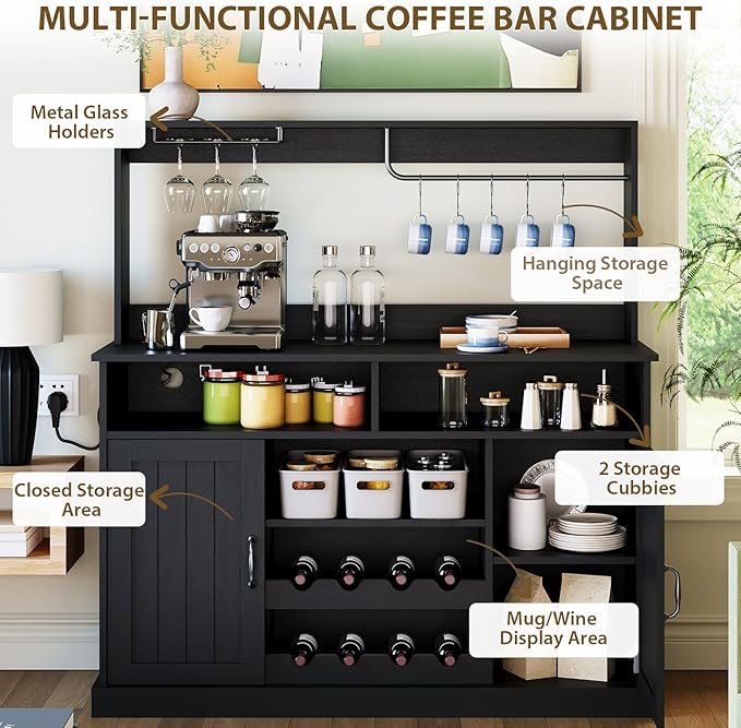 47" Farmhouse Coffee Bar Cabinet with Storage, Buffet Cabinet with Goblet Holder, 5Hooks, Power Outlets, Sideboard Cabinet Coffee Bar Table with Adjustable Shelves for Kitchen & Living Room, Black