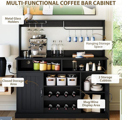 47" Farmhouse Coffee Bar Cabinet with Storage, Buffet Cabinet with Goblet Holder, 5Hooks, Power Outlets, Sideboard Cabinet Coffee Bar Table with Adjustable Shelves for Kitchen & Living Room, Black