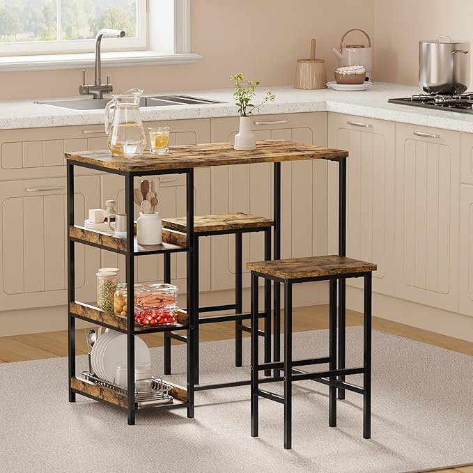 GarveeHome 3-Piece Kitchen Table Set with Storage Shelves & 2 Bar Stools - Iron and Wood Dining Table for Small Spaces, Apartments, Condos, Rustic Brown