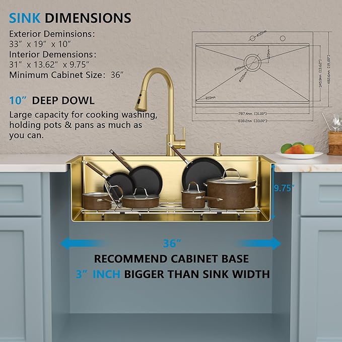 33"x19" Drop In Workstation Kitchen Sink – Brushed Gold NANO-PVD, 16 Gauge T304 Stainless Steel, Single Bowl Luxury Top Mount Sink with Faucet Combo & Soap Dispenser