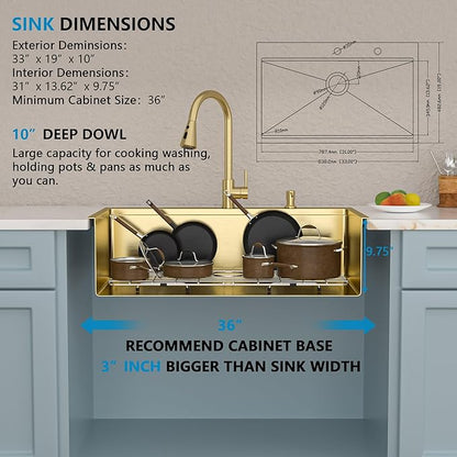 33"x19" Drop In Workstation Kitchen Sink – Brushed Gold NANO-PVD, 16 Gauge T304 Stainless Steel, Single Bowl Luxury Top Mount Sink with Faucet Combo & Soap Dispenser