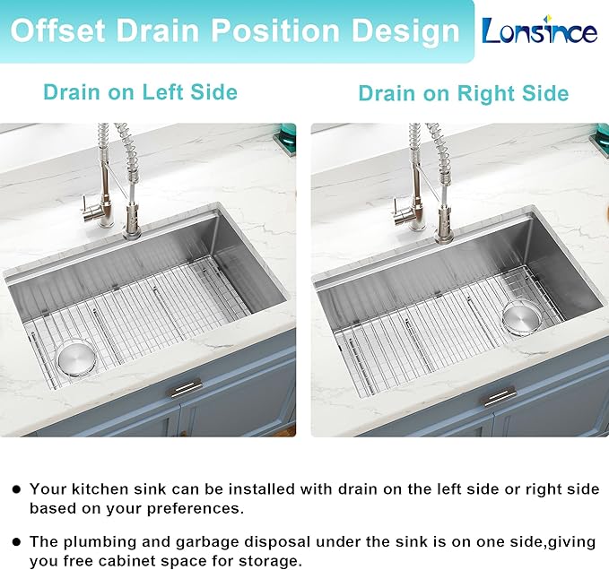 Undermount Kitchen Sink 33 inch,16 Gauge Stainless Steel Workstation Sinks,Deep and Large Single Bowl Kitchen Sink Offset Drain (33" X 18")