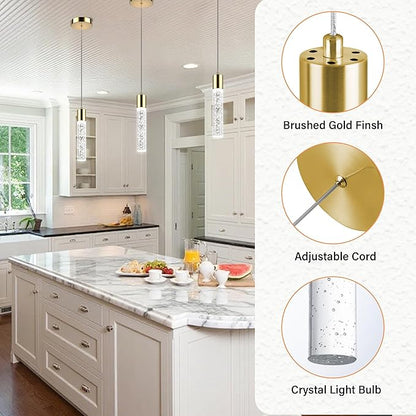 Pendant Lights Kitchen Island, 6500K Modern Kitchen Island Lights Brushed Gold, 3 Pack Ceiling Lighting Fixtures with Crystal Bubble, Integrated LED Hanging Light for Dining Room Restaurant