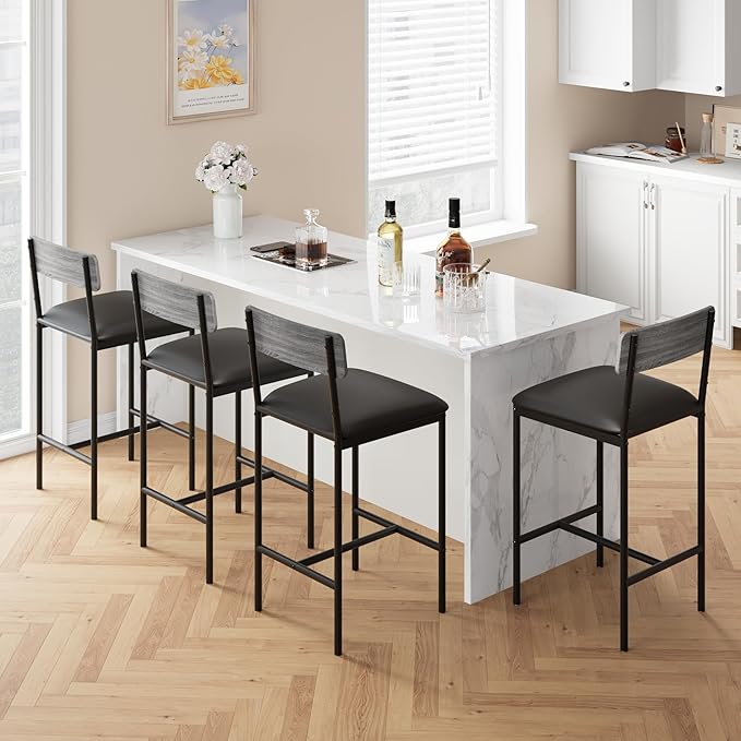 TrailBlaze Bar Stools Set of 4, 25.5'' Counter Height PU Upholstered Barstools with Backrest & Footrest, Modern Metal Legs - Kitchen Island, Dining Room, Apartment - Easy Assembly - Rustic Grey