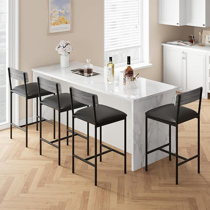 TrailBlaze Bar Stools Set of 4, 25.5'' Counter Height PU Upholstered Barstools with Backrest & Footrest, Modern Metal Legs - Kitchen Island, Dining Room, Apartment - Easy Assembly - Rustic Grey