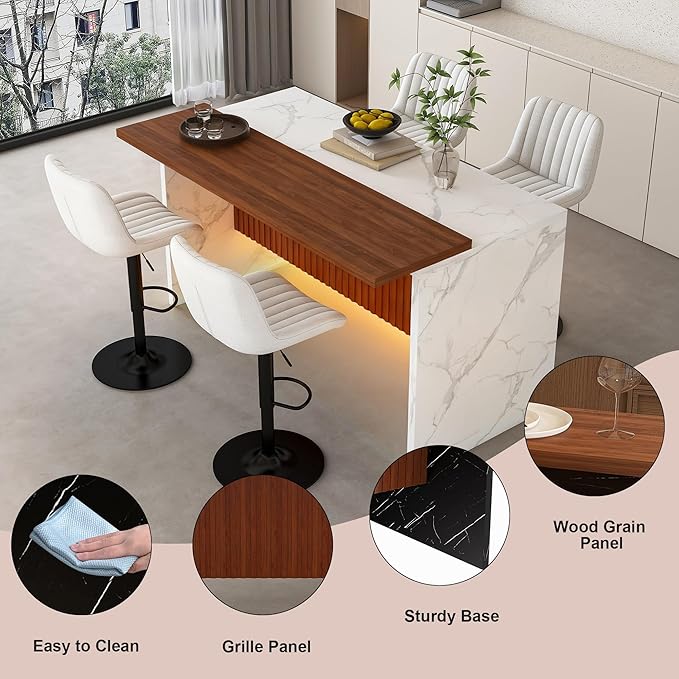 63" Modern Kitchen Island with Marble-Look Surface with 2/4 Bar Stools, Island Table with LED Lights, for Kitchen,Dining Room, Bar, Office, Living Room (White+4Beige)