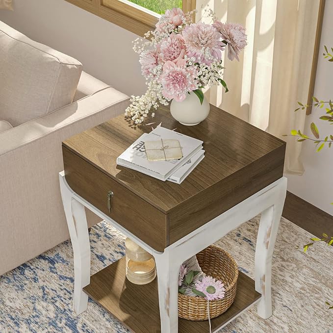 SUNBURY Set of 2 Nightstands with Drawers & Open Storage Shelves, Vintage Wood Grain Bedside Tables for Living Room, Bedroom, Office, and Corners (Rustic Brown & White)