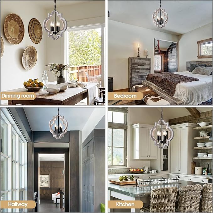 4-Light 15" Farmhouse Orb Chandelier Rustic Handmade Distressed White Wood Hanging Ceiling Pendant Light Fixture Wood Lantern Chandeliers for Dining Room Kitchen Bedroom Foyer Hallway