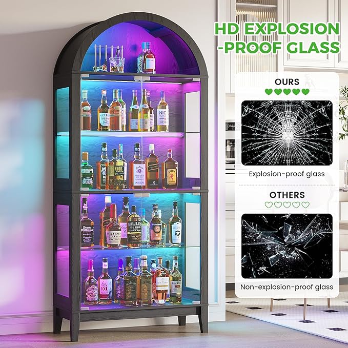 HNEBC Arched Book Shelf with Glass Doors, LED Bookcase with RGB Lights, 5 Tier Cabinet Has 9-Cube Storage, 69" Display Cabinet for Living Room,Bedroom(Black)