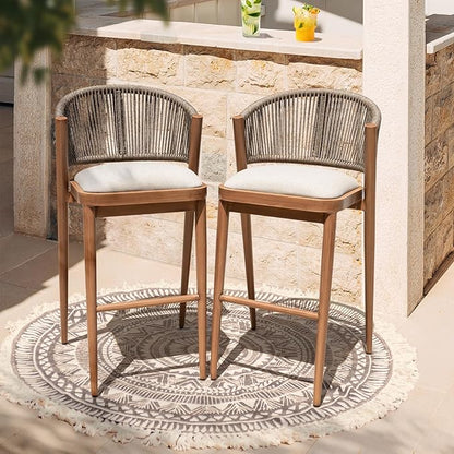 IDZO 400lbs Capacity Modern Rope Bar Stools Set of 2, 28 Inches Bar Height Stools with Comfortable Cushions, Aluminum Base and Ergonomic Curved Backrest, Easy Assembly for Indoor and Outdoor Use