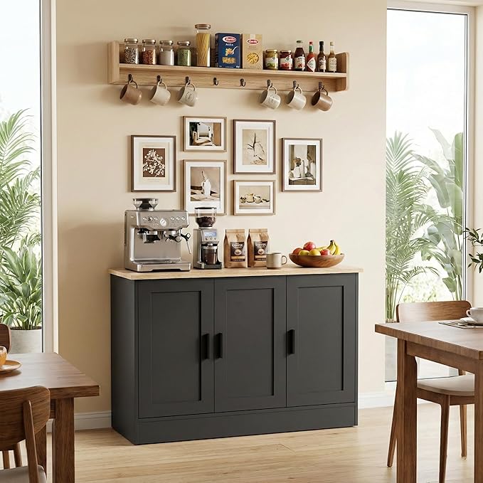 Anystyle 43" Black Buffet Cabinet with Black Handles, Small Kitchen Sideboard with 3 Doors & Adjustable Shelves, Modern Entryway Credenza & TV Console Table for Living Room, Dining Room