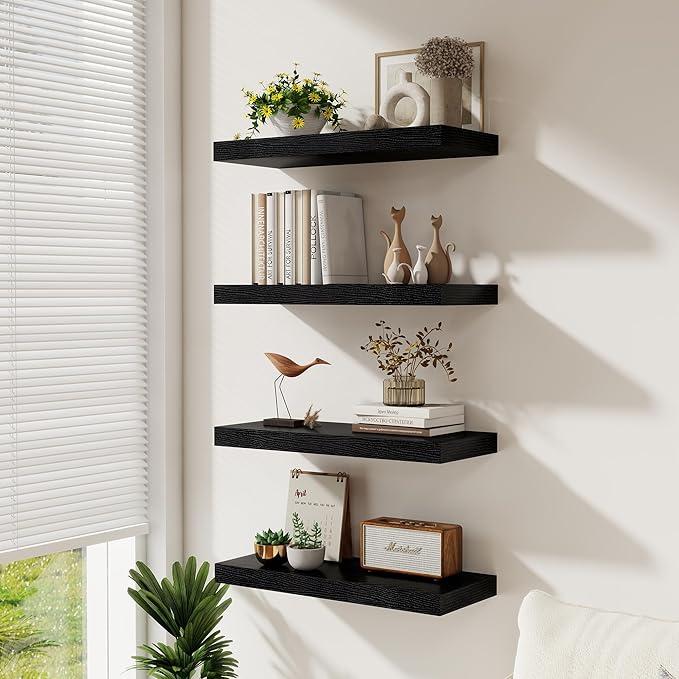 Floating Shelves for Wall, 66 Inch Floating Shelves Set of 2, Wall Mounted Rustic Wood Shelf for Bathroom, Living Room, Bedroom and Kitchen, Hanging Shelf for Storage, Books, Home Decor, Black