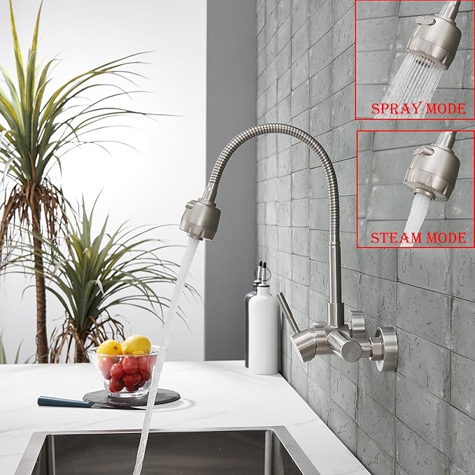 Wall Mount Kitchen Sink Faucet 8 Inch Center with Flexible Sprayer,Stainless Steel Mixer Tap with Dual Function Sprayer,Nickel Brushed Unility Sink Faucet