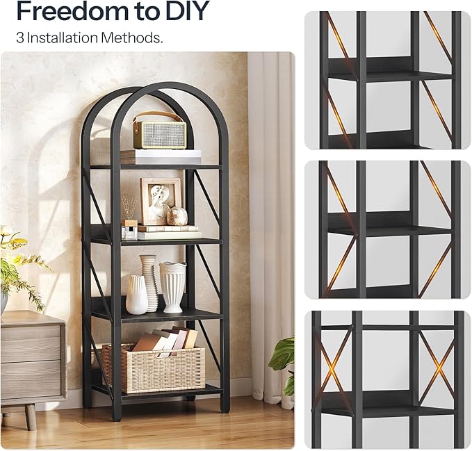 HOOBRO Bookshelf, 4-Tier Bookshelf Arched Display Racks, Industrial Bookcase with Metal Frame, Book Shelf Storage Organizer for Living Room, Office, Bedroom, Black BB424SJ01