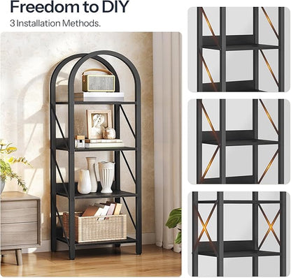 HOOBRO Bookshelf, 4-Tier Bookshelf Arched Display Racks, Industrial Bookcase with Metal Frame, Book Shelf Storage Organizer for Living Room, Office, Bedroom, Black BB424SJ01