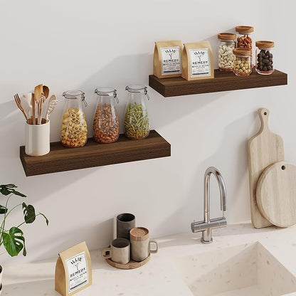 Fun Memories Floating Shelves for Wall, 24 Inch Floating Shelves Set of 2, Hanging Shelf with Invisible Brackets, Wood Shelves for Living Room, Bedroom, Kitchen, Walnut