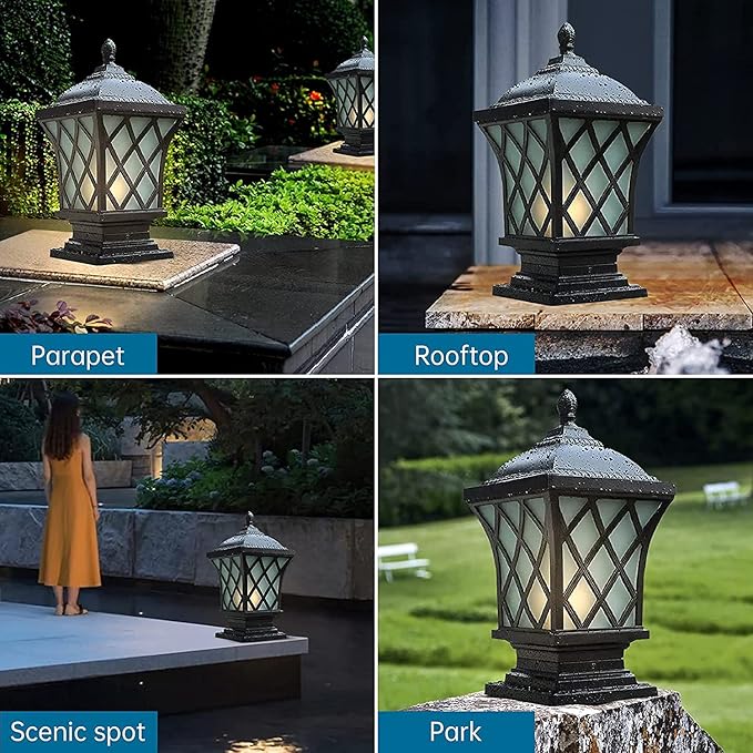 Outdoor Column Lights, 18.9″ Modern Column Lamp IP54 Waterproof Glass Post Light Outdoor E26 Aluminum Fence Post Light Fixtures for Villa Garden Park Lighting Black Pillar Lights