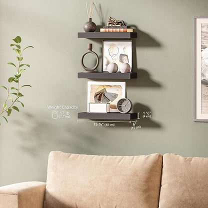 Ballucci Floating Shelves, 16" Wood Wall Shelf Set of 3, Invisible Brackets Floating Shelf for Wall Decor Living Room, Bathroom, Bedroom, Kitchen, 6" Depth, Black