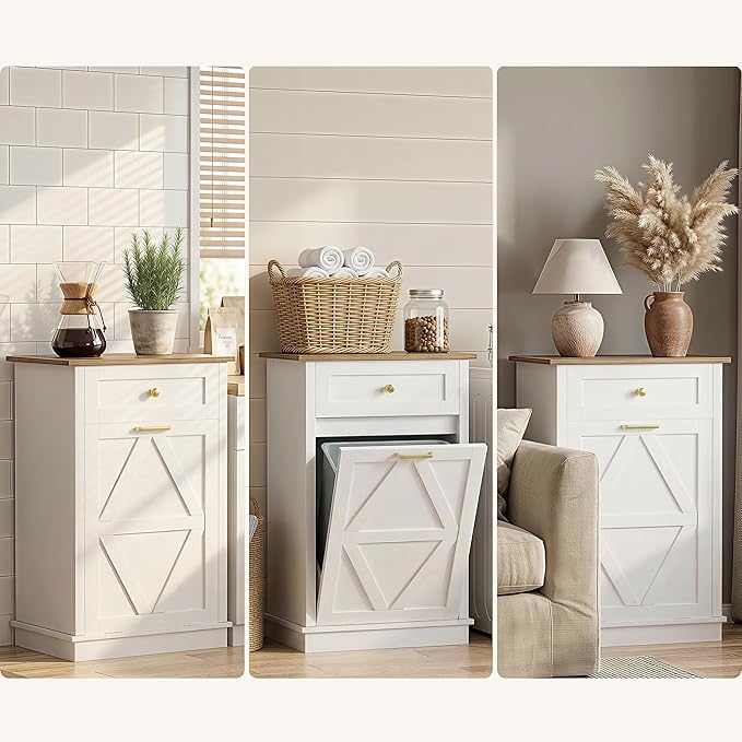 YESHOMY Tilt Out Trash Cabinet,10 Gallon Hidden Wooden Bin Cabinets, Laundry Hamper with Drawers, for Kitchen, Dining Room, White