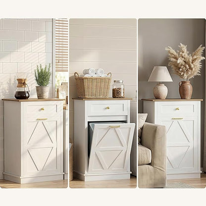 YESHOMY Tilt Out Trash Cabinet,10 Gallon Hidden Wooden Bin Cabinets, Laundry Hamper with Drawers, for Kitchen, Dining Room, White