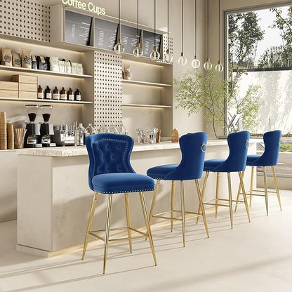 Bar Stools Set of 2, Velvet Counter Height Bar Stools with Metal Legs, Button Tufted and Nailheads Trim, Wing Back Bar Chairs for Kitchen Island Dining Room Pub, Blue