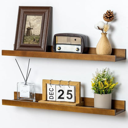 FLYJOE Picture Ledge Shelf for Wall, 24 inch Solid Ash Wood Nursery Book Shelves 2 Packs, Floating Shelves for Kids' Room Bedroom Bathroom Living Room Photo Frames Office Nursey Wall Decor, Walnut