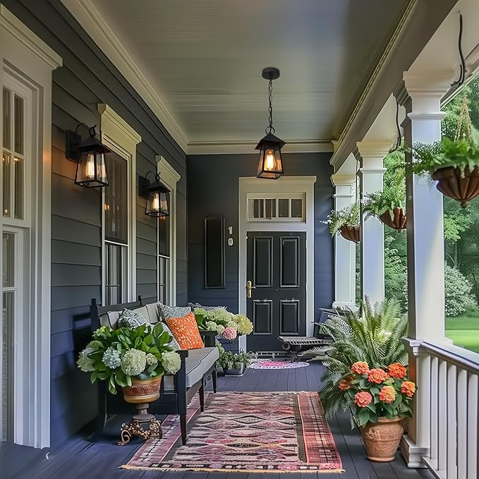 LOG BARN Outdoor Pendant Lights, Modern Farmhouse Exterior Light Fixture, Anti-Rust Ceiling Outdoor Lantern with Seeded Glass for Front Door, Entry, Porch, and Gazebo