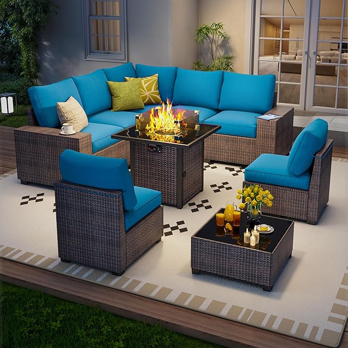 9 Piece Outdoor Patio Furniture Set with 28'' Fire Pit Table, Outdoor Sectional Furniture, Rattan & Wicker Modern Modular Conversation Set Sofa Couch W/Water Resistant Thick Cushions,Brown/Peacockblue