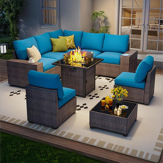9 Piece Outdoor Patio Furniture Set with 28'' Fire Pit Table, Outdoor Sectional Furniture, Rattan & Wicker Modern Modular Conversation Set Sofa Couch W/Water Resistant Thick Cushions,Brown/Peacockblue