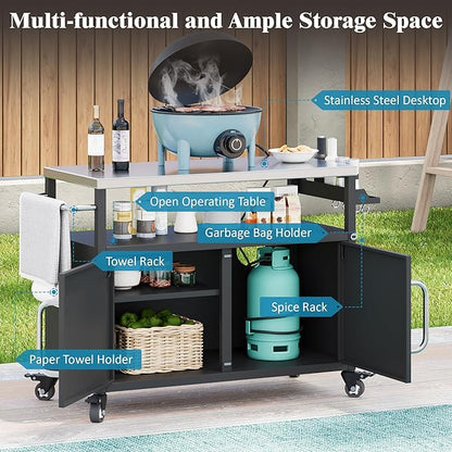 Merax 54.5" Outdoor Kitchen Island with Stainless Steel Tabletop, Metal Grill Cart Table with Storage Cabinet, Spice Rack and Towel Rack, Outdoor Bar Cart with 4 Lockable Wheels for BBQ, Black
