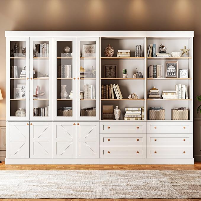 ivaniti 71" Tall Farmhouse Kitchen Pantry, Large Storage Cabinet with Glass Doors, Adjustable Shelves, 3 Drawer, Wood Versatile Hutch Cabinet for Dining Room, Living Room, White 4 Pcs