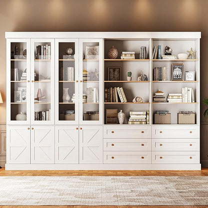 ivaniti 71" Tall Farmhouse Kitchen Pantry, Large Storage Cabinet with Glass Doors, Adjustable Shelves, 3 Drawer, Wood Versatile Hutch Cabinet for Dining Room, Living Room, White 4 Pcs