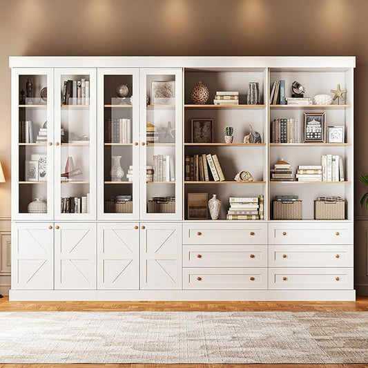 ivaniti 71" Tall Farmhouse Kitchen Pantry, Large Storage Cabinet with Glass Doors, Adjustable Shelves, 3 Drawer, Wood Versatile Hutch Cabinet for Dining Room, Living Room, White 4 Pcs