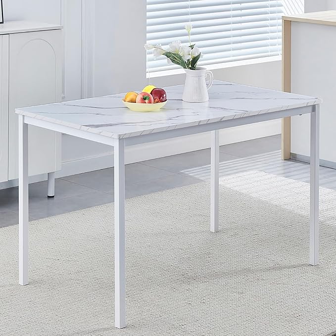47 Inches White Faux Marble Dining Table for 2-4 People, Modern Rectangular Kitchen Table for Dinner Table for Dinner（MDF Top with Metal Legs and Frame