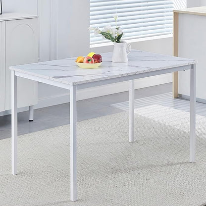 47 Inches White Faux Marble Dining Table for 2-4 People, Modern Rectangular Kitchen Table for Dinner Table for Dinner（MDF Top with Metal Legs and Frame