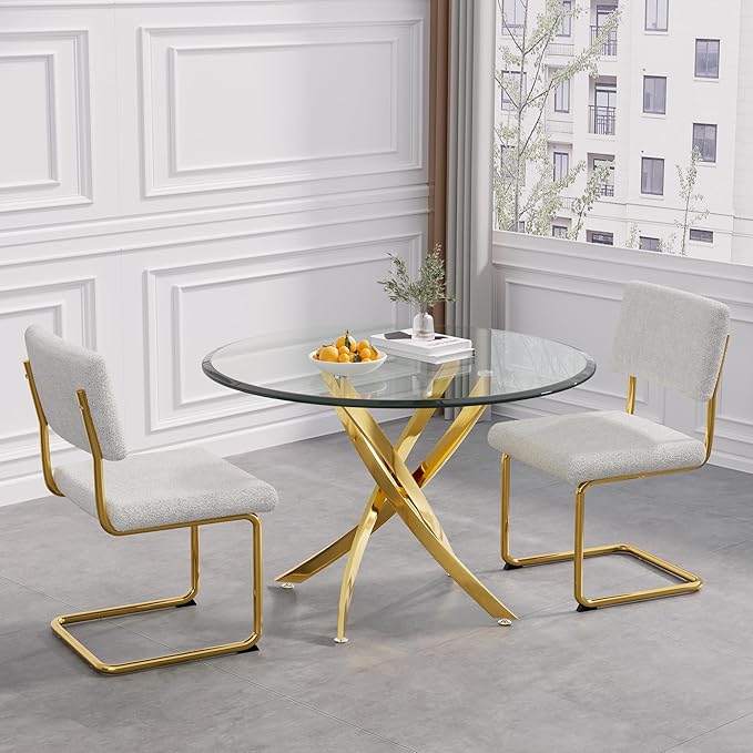 Modern Glass Dining Table Round Dining Room Table with Tempered Glass Top, Gold Stainless Steel Base Home Office Kitchen Dining Room Table Furniture, 36" D x 36" W x 30" H