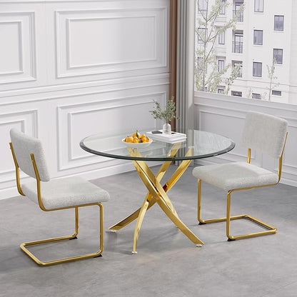 Modern Glass Dining Table Round Dining Room Table with Tempered Glass Top, Gold Stainless Steel Base Home Office Kitchen Dining Room Table Furniture, 36" D x 36" W x 30" H