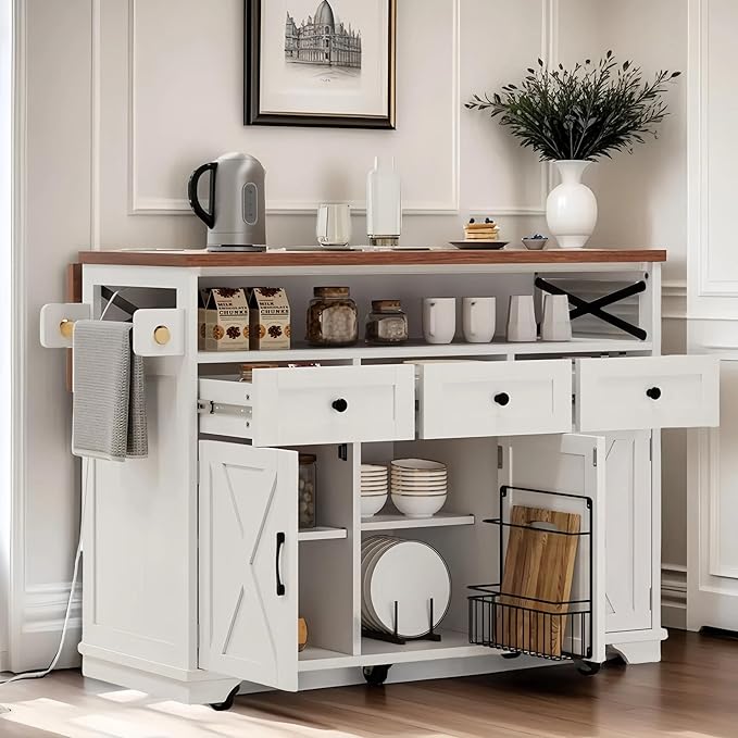 Ball & Cast Farmhouse Kitchen Island with Drape of Beads & Power Outlet, Rolling Kitchen Cart on 5 Wheels, 3 Drawers, Internal Iron Shelf & Towel Rack, for Kitchen & Dining Room, White