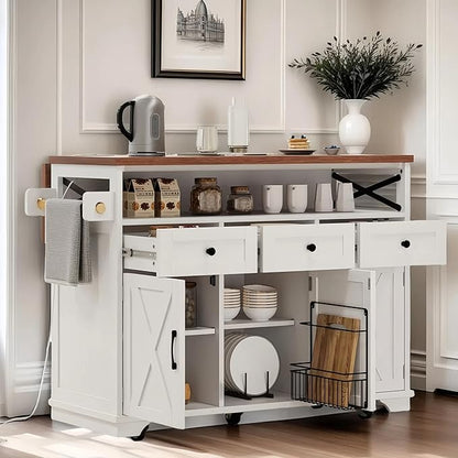 Ball & Cast Farmhouse Kitchen Island with Drape of Beads & Power Outlet, Rolling Kitchen Cart on 5 Wheels, 3 Drawers, Internal Iron Shelf & Towel Rack, for Kitchen & Dining Room, White
