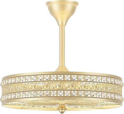 Gold Chandelier Light Fixture, 6-Light Champagne French Rococo Crystal Fandelier Ceiling Fan with Light, Coquette Decorative Bladeless Enclosed Caged Pendant for Dining Room, Bedroom, Living Room