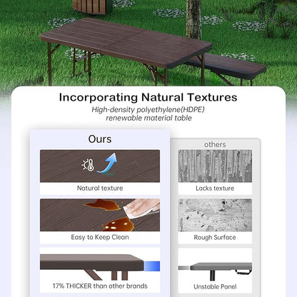Folding Table 4 Foot for Indoor Outdoor, Portable Heavy Duty Fold-in-Half Utility Small Plastic Adjustable Height Folding with Carrying Handle for Picnic Camping and Party, Brown