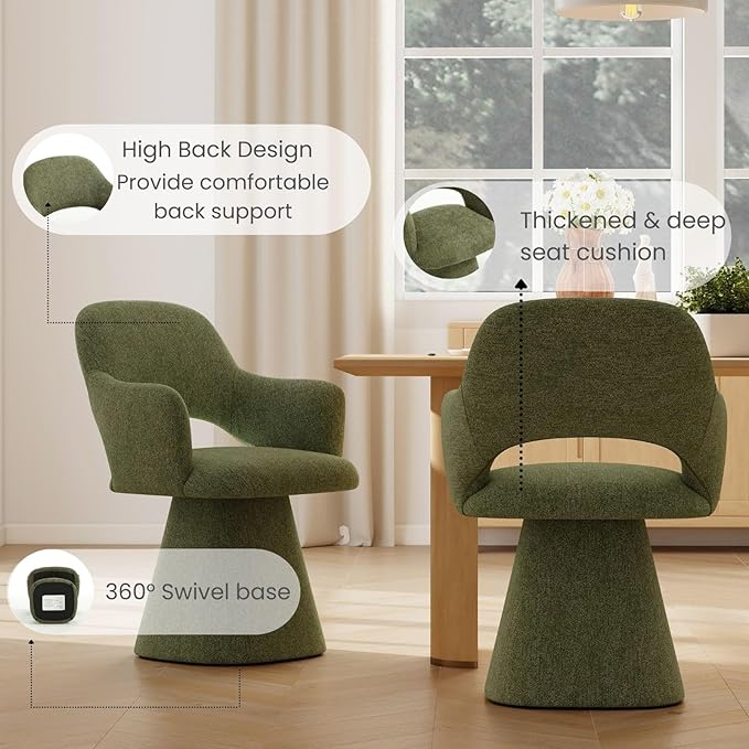 Green Modern Swivel Dining Chairs Set of 2, Upholstered Chenille Dining Room Chairs with Curved High Back, Comfy Side Armchair for Kitchen Reception Bedroom