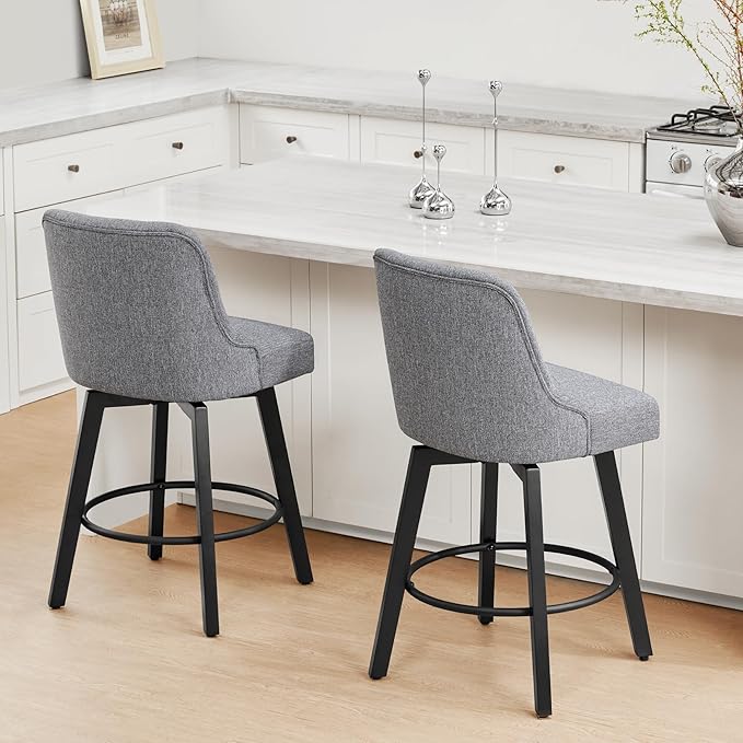 KISLOT Swivel Counter Height Bar Stools Set of 4, 26" Upholstered Fabric Barstools with Back, Thick Seat and Square Solid Wood Legs for Kitchen Island Home Bar, Grey